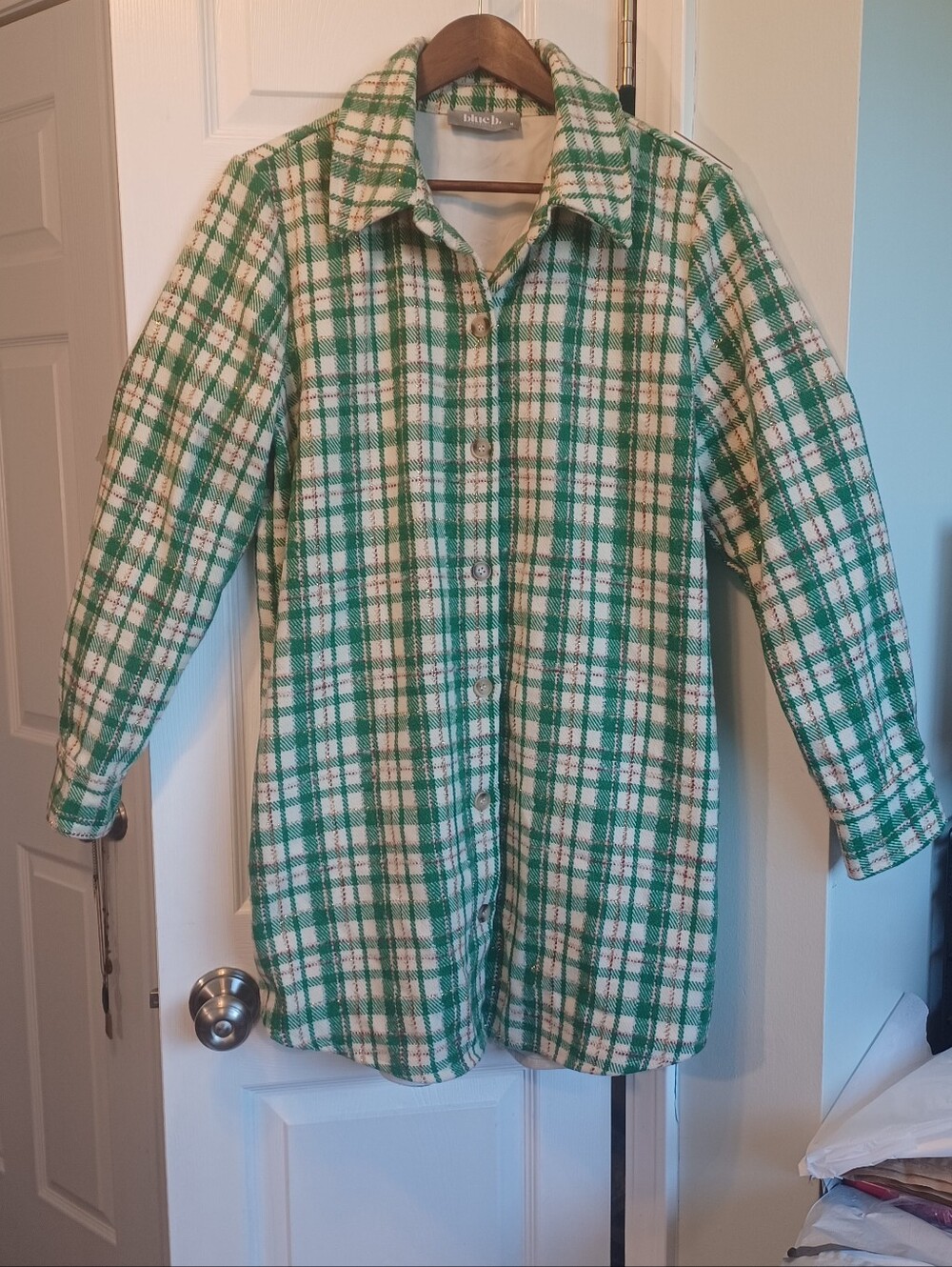 Blue B Green Plaid Metallic Shacket Jacket Coat Wool-blend Holiday Medium